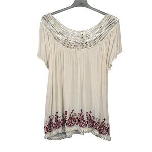 Embroidered Boho Top 3X By Eyelash Couture - Ivory Rayon With Burgundy Design